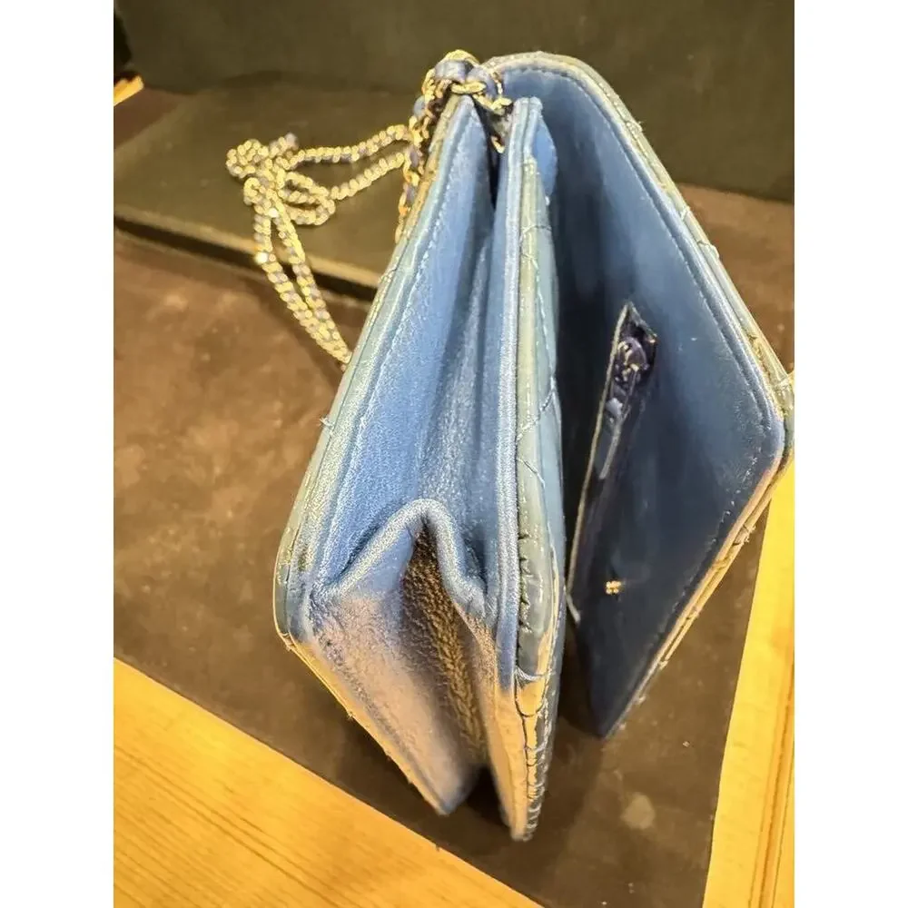 Chanel Quilted CC SHW Blue Patent Leather Wallet On Chain w/ Box - JB 335215